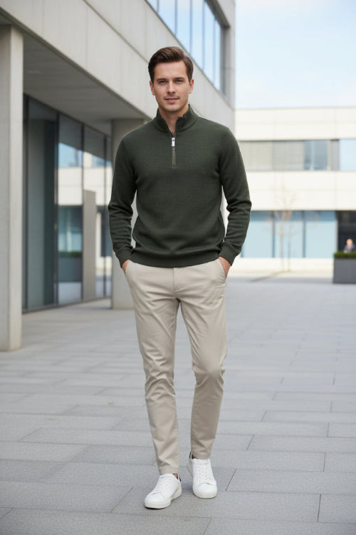 A man wearing a dark olive green quarter-zip pullover sweater with a mock neck. The image features a dark gray background, a brand logo 'LANGBEEYAR' 