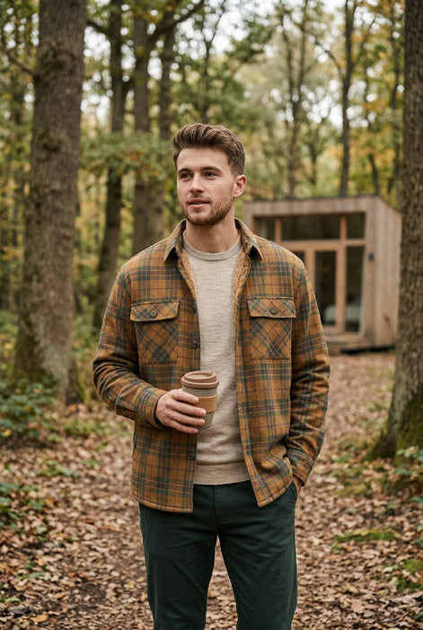 A long-sleeve button-up plaid overshirt in mustard yellow, green, and brown, featuring a soft beige fleece lining visible at the collar and hem, displayed on a wooden hanger against a white background.
