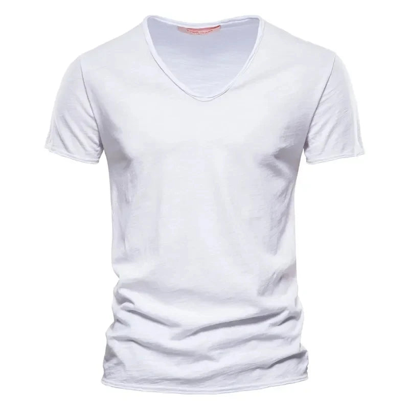 2025 New Brand Quality 100% Cotton Men T-shirt V-neck Fashion Design Slim Fit T-shirts Male Tops Tees Short Sleeve T Shirt Men