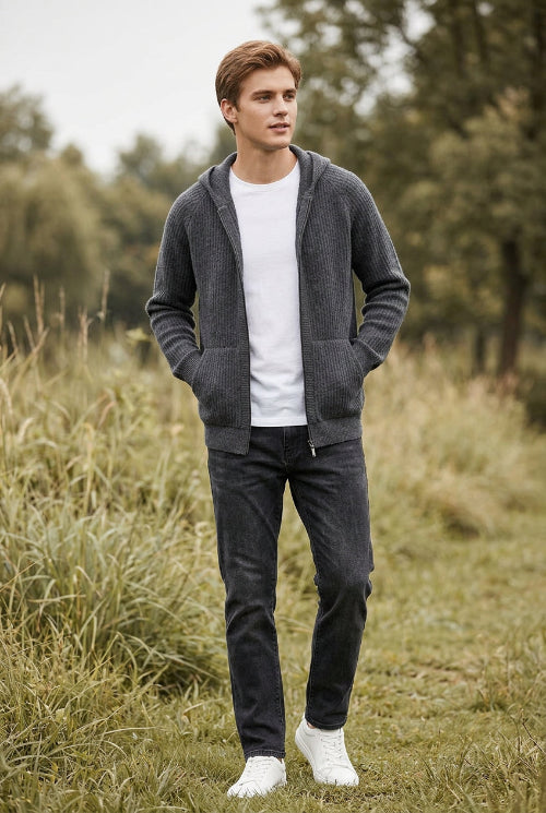 Gray zip-up sweater on a mannequin against a gray background