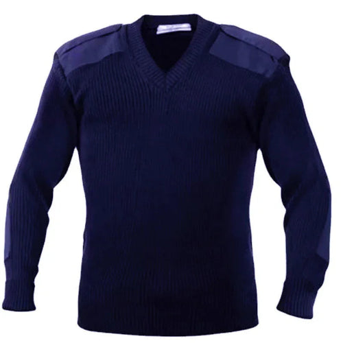 Navy blue sweater with shoulder epaulets on a white background