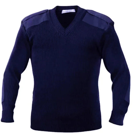 Navy blue sweater with shoulder epaulets on a white background