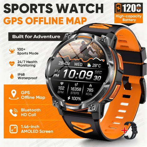 An orange and black sports watch with a round digital display, shown on a promotional graphic that highlights GPS 