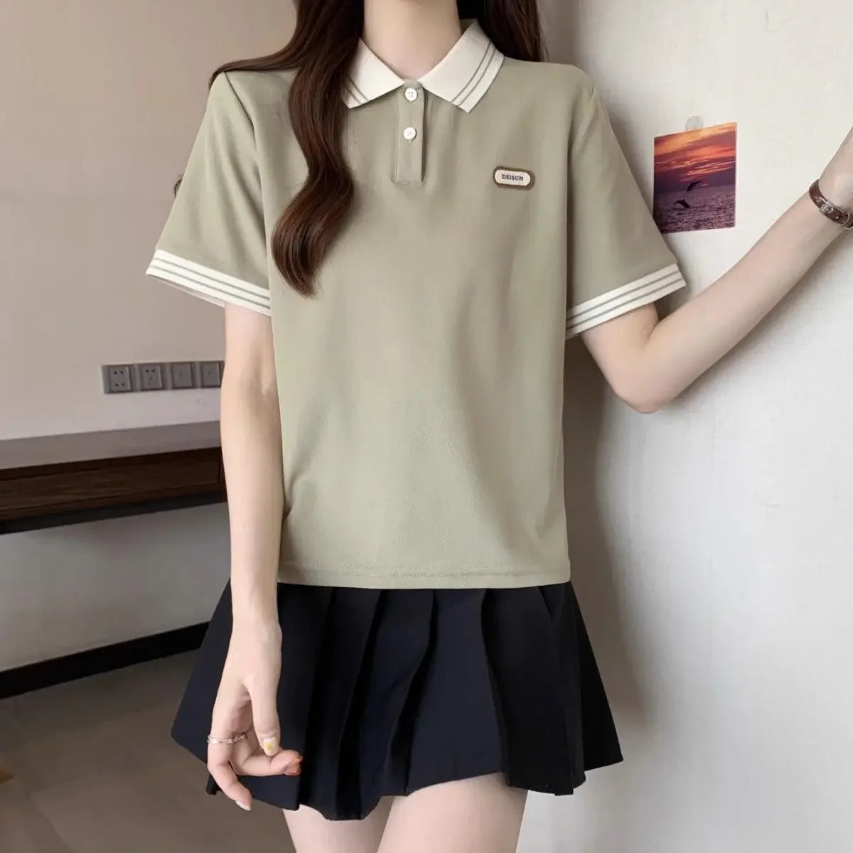 Baggy Female Tee Women's Polo Short Sleeve T-shirt Korean Clothing Youthful Elegant in Trend 2025 Sales Youth Aesthetic T-shirts