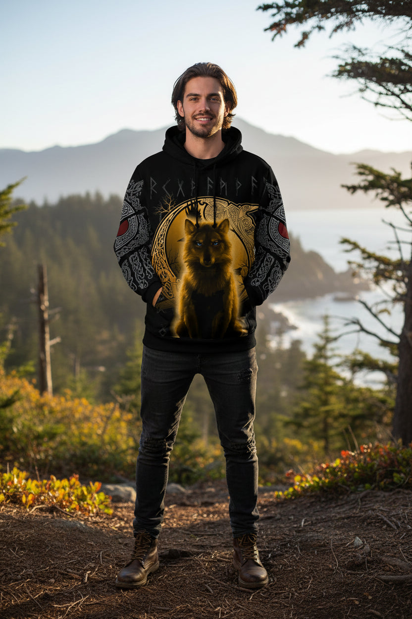 Hoodie with a wolf design and Runes on a black background
