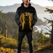 Hoodie with a wolf design and Runes on a black background