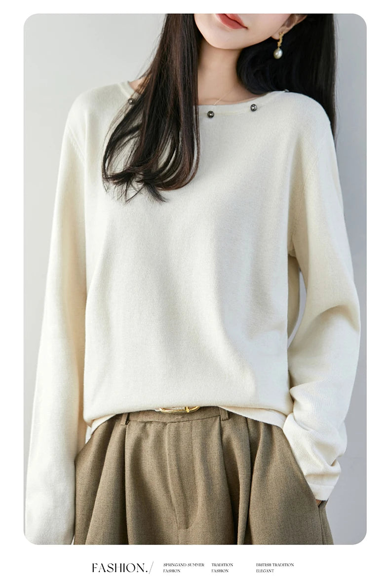 High end fashion 100% pure cotton women's sweater casual knitted round neck pullover autumn and winter solid color women's top