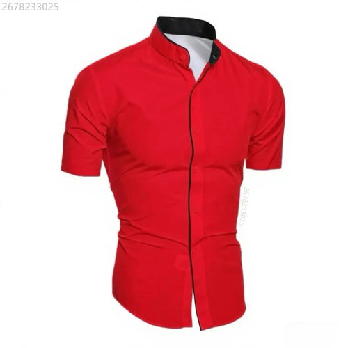A men's short-sleeve button-up shirt in bright red, featuring a mandarin collar with a black inner lining and black piping along the front placket and collar.