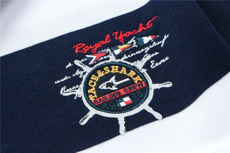 TACE&SHARK Brand Shark Wide Stripes Embroidery Red Long Sleeve Polo Tops Casual Fashion Men Slim Polo Casual Business Clothes