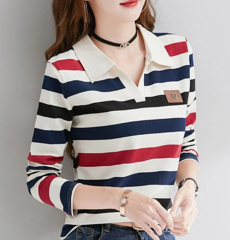 Slimming Striped Polo T-Shirt for Women 100% Cotton Long Sleeve Innerwear for 2026 Transitional Wardrobe