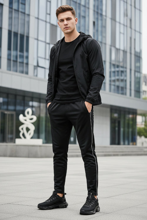 Black athletic shoes with visible branding on a reflective surface