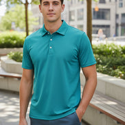 Teal polo shirt on a white background