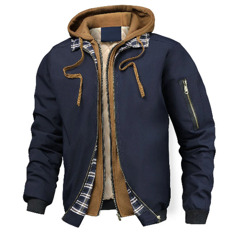 Navy blue jacket with brown interior and plaid lining on a white background