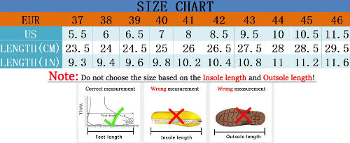 Size chart for shoes with measurements in EU, US, length in centimeters, and inches.