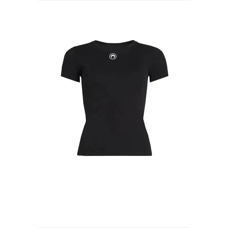 Retro Women's T-Shirt Summer Casual Slim Fit Short Sleeve Round Neck Solid Color Top Innerwear with Embroidered Moon Design