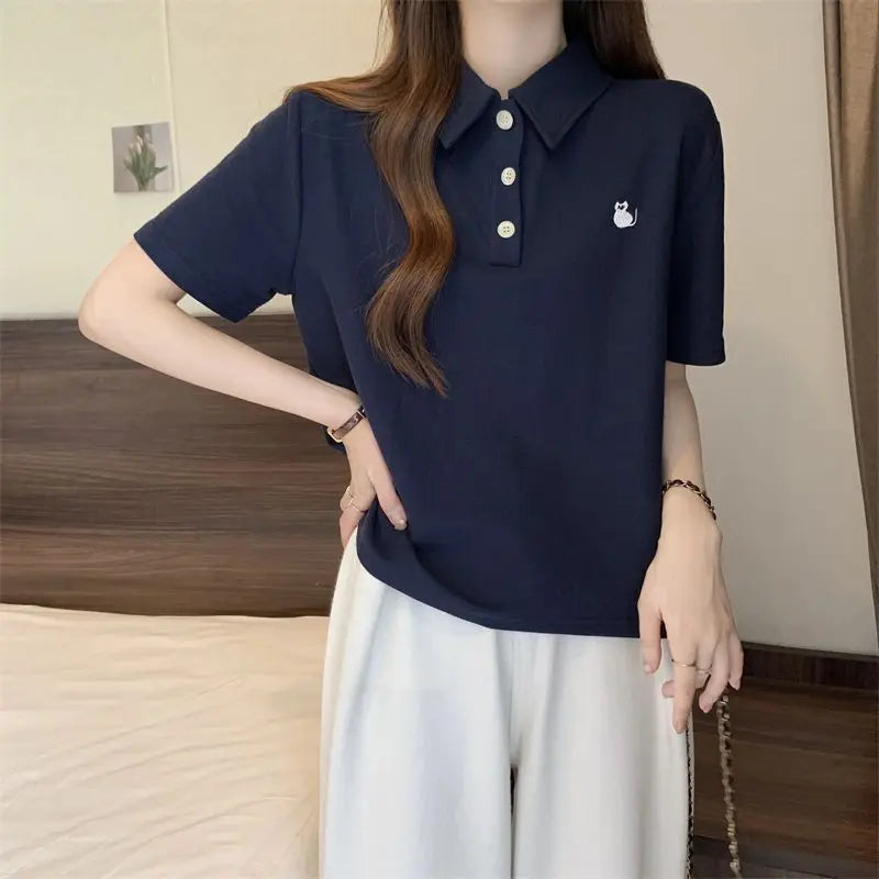 Pink Woman 100℅ Cotton Tshirt Embroidery Polo Neck T Shirt for Women Korean Clothing Y2k Fashion High Quality Youthful Elegant