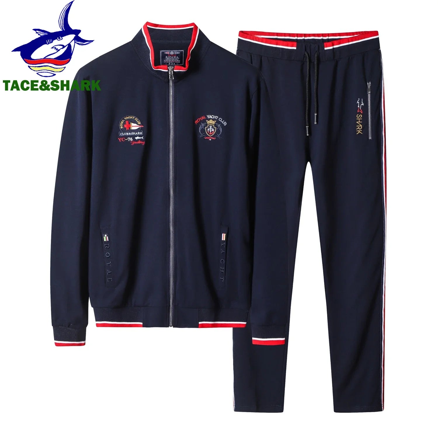 A two-piece navy blue tracksuit set featuring a zip-up jacket and matching pants. The jacket and pants have red, yellow, and white striped accents at the cuffs, hem, and waistband.