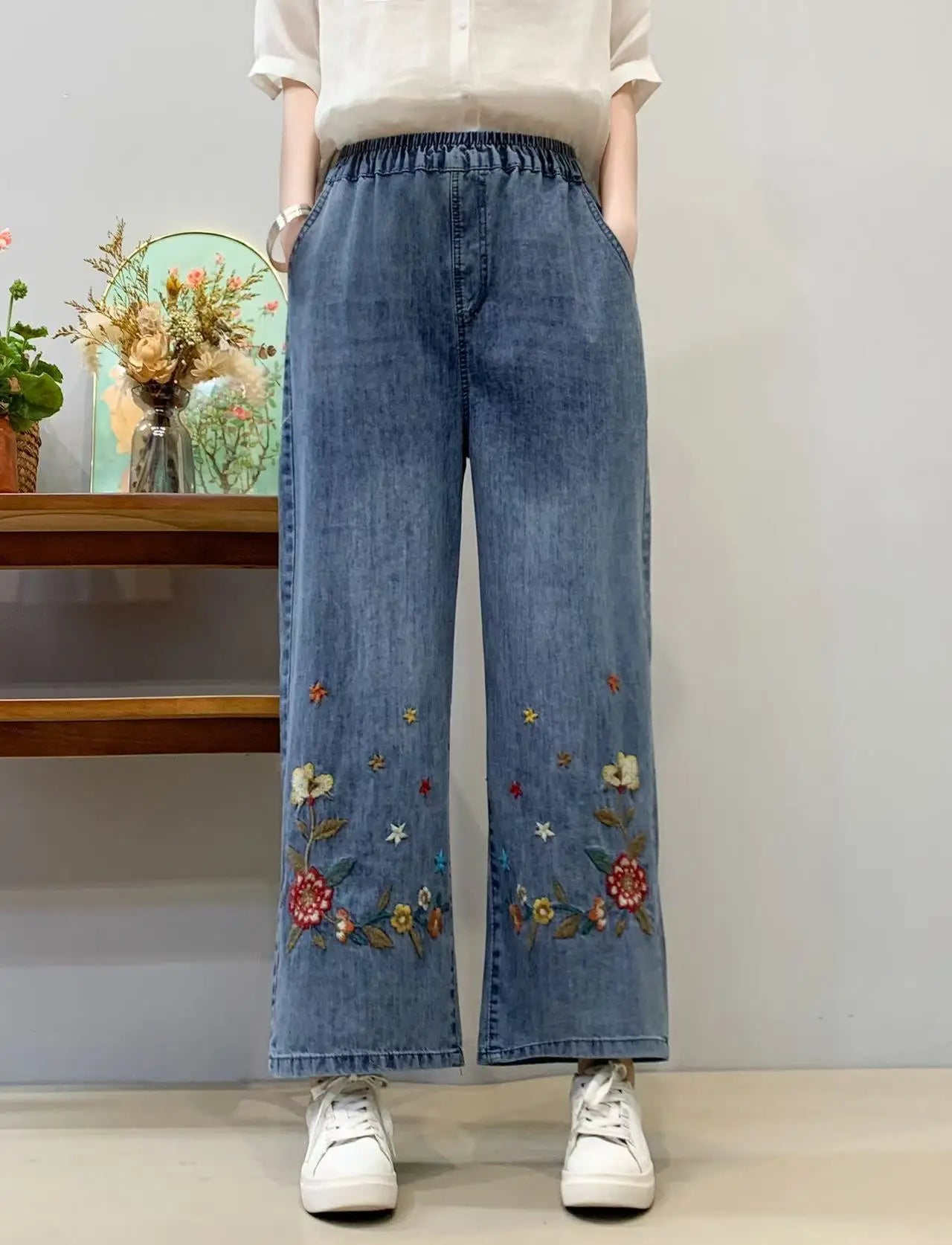 Spring Summer Ethnic Style Vintage Floral Embroidery Denim Wide Leg Pants Women High Elastic Waist Hole Casual Straight Jeans