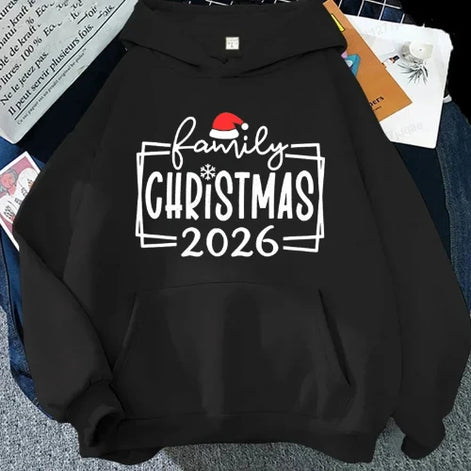 A black pullover hoodie laid flat with a festive white graphic reading 'family Christmas 2026'