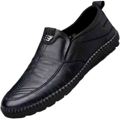 Black leather loafer shoe on a white background