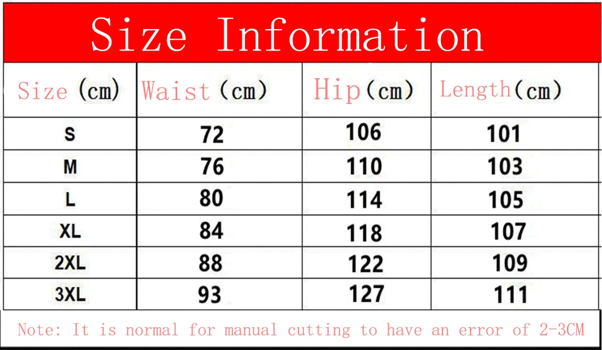 Size chart for clothing with waist, hip, and length measurements in centimeters.