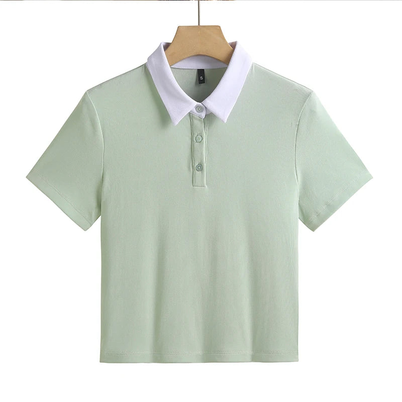 Summer New Cotton Polo Shirt Solid Color Polo Neck Short Sleeve High Waist Short Style Slim Fit Fashion Casual Women's Shirt