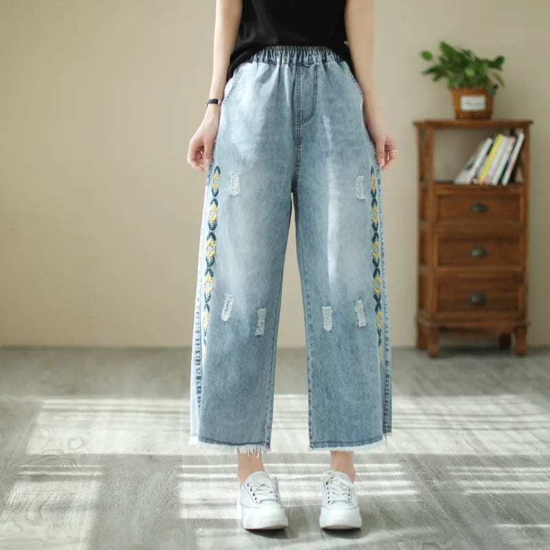 Spring Summer Ethnic Style Vintage Floral Embroidery Denim Wide Leg Pants Women High Elastic Waist Hole Casual Straight Jeans