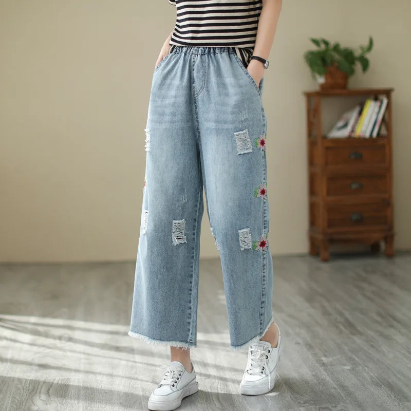 Spring Summer Ethnic Style Vintage Floral Embroidery Denim Wide Leg Pants Women High Elastic Waist Hole Casual Straight Jeans