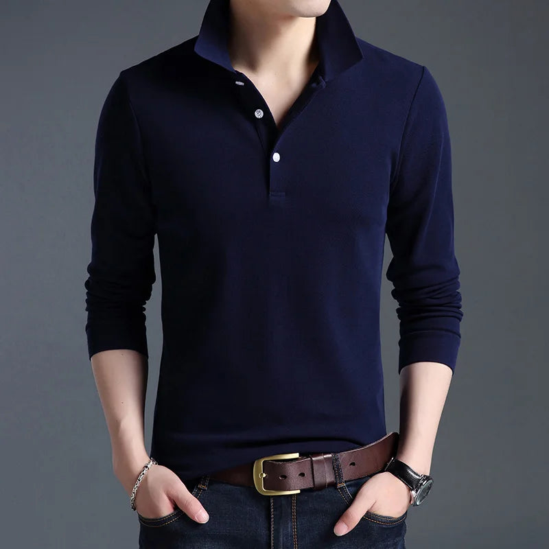 Top Grade New Fashion Men Polo Shirt Solid Color Slim Fit Polo Men Long Sleeve Mercerized Cotton Casual Polos Shirt Mens M-4XL