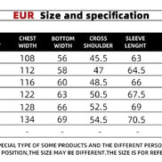 Size chart for clothing with measurements in centimeters