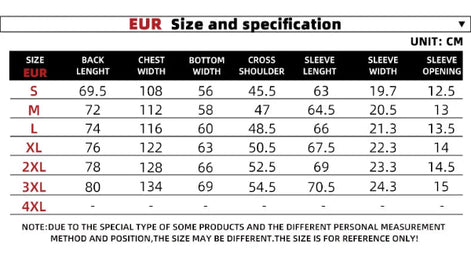 Size chart for clothing with measurements in centimeters