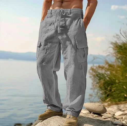 2026 New Amazon European and American men's linen solid color casual suit pants new fashion beach wide-leg trousers