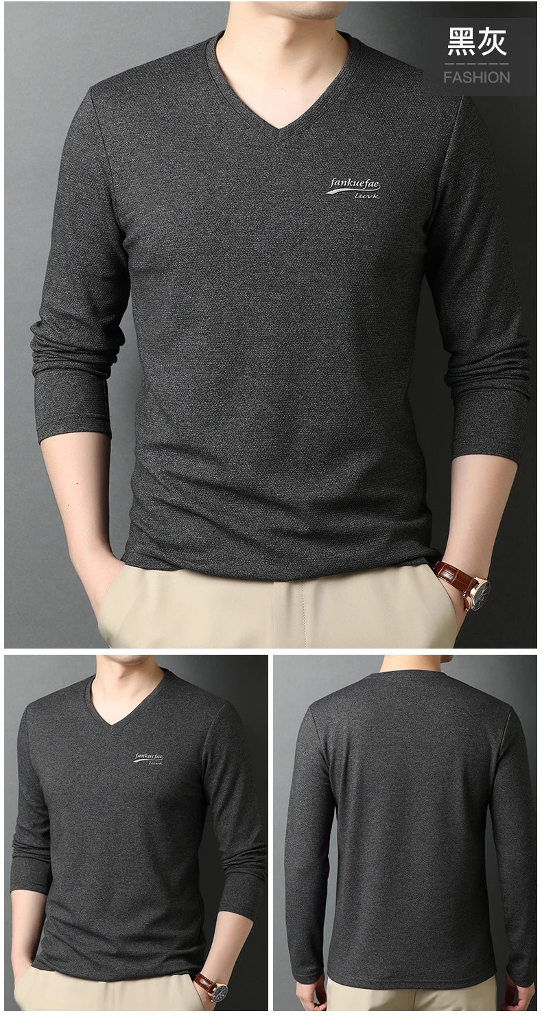Top Quality New Fashion Brand Solid Color Plain V Neck Long Sleeve t Shirt Men Cotton Casual Men Clothes 2025