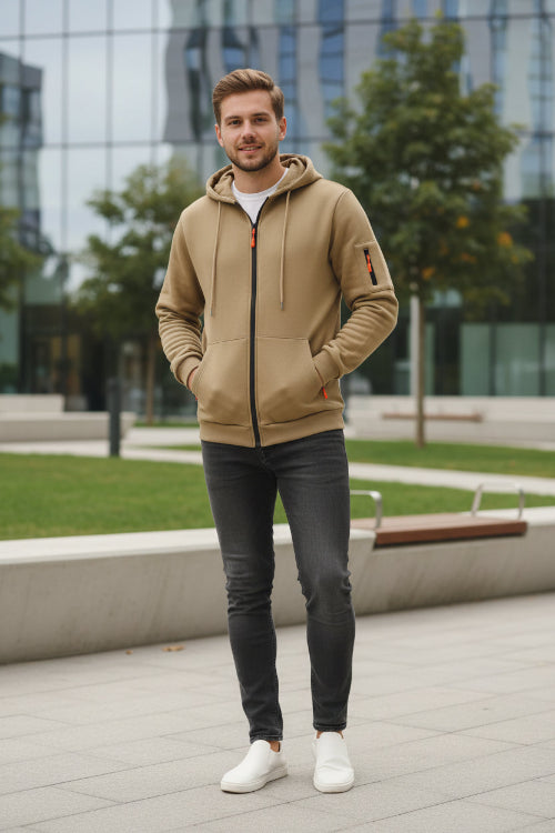 Beige hoodie with black zipper and orange accents on a white background
