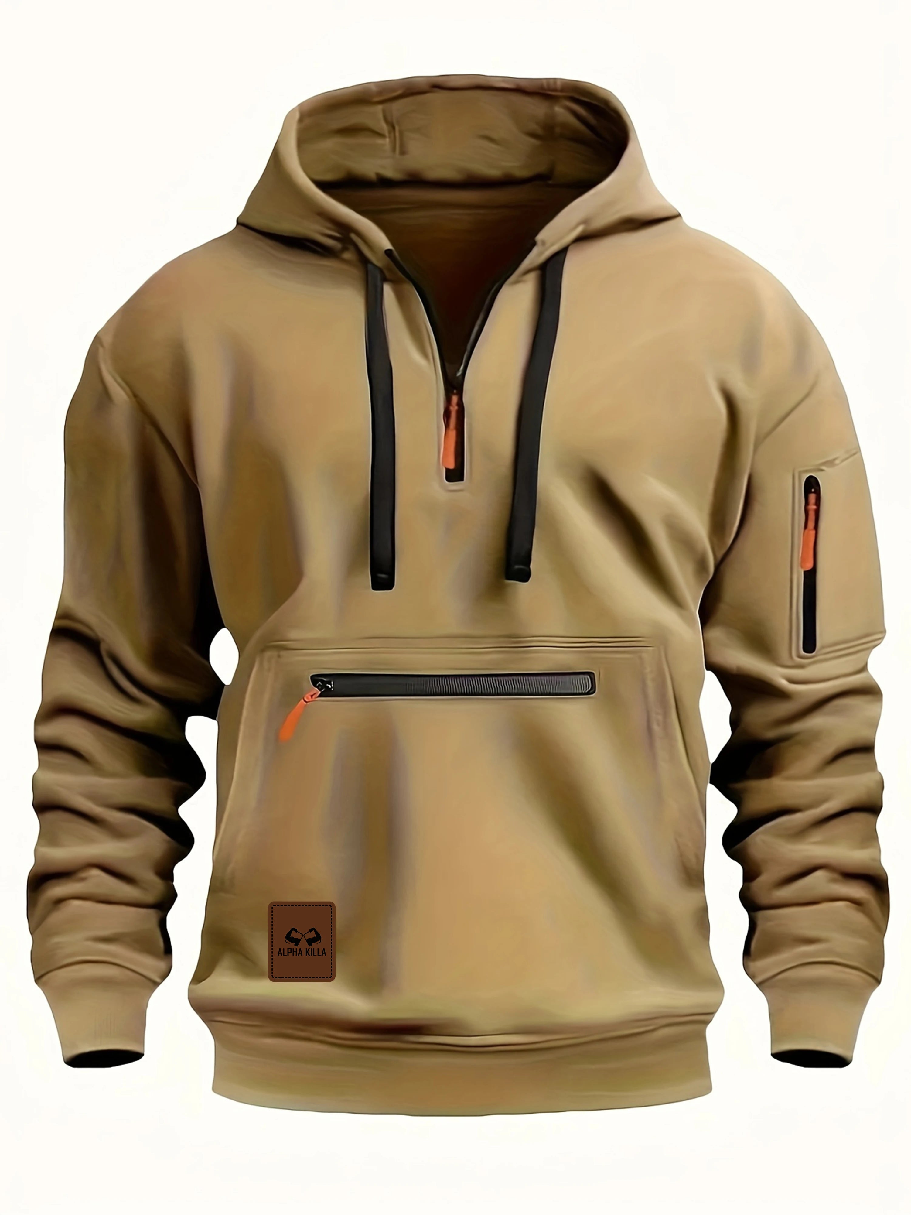 Beige hoodie with black zippers on a white background