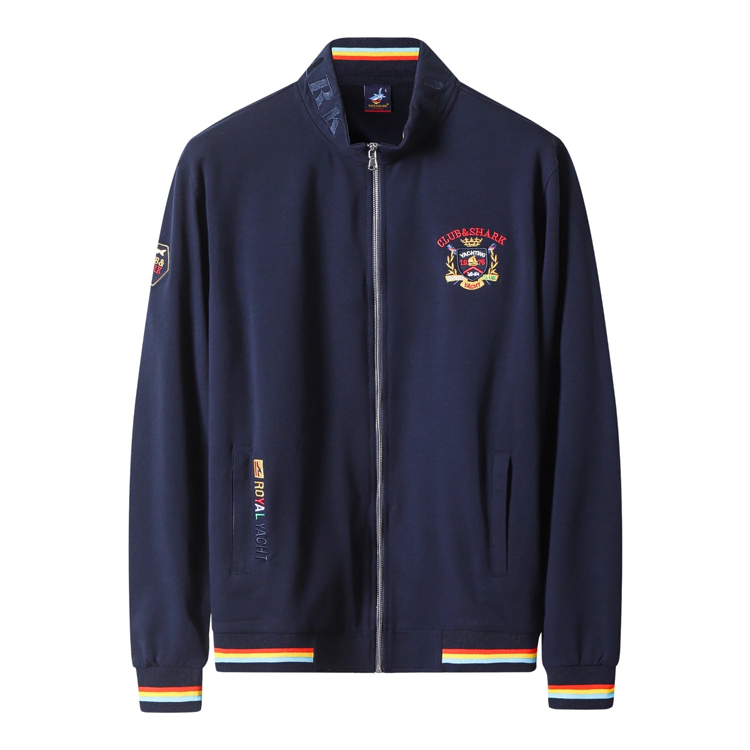 A navy blue zip-up bomber jacket with colorful striped ribbed cuffs and hem, featuring a 'FISHERMAN' crest on the left chest and a vertical 'FISHERMAN' text patch on the right sleeve.