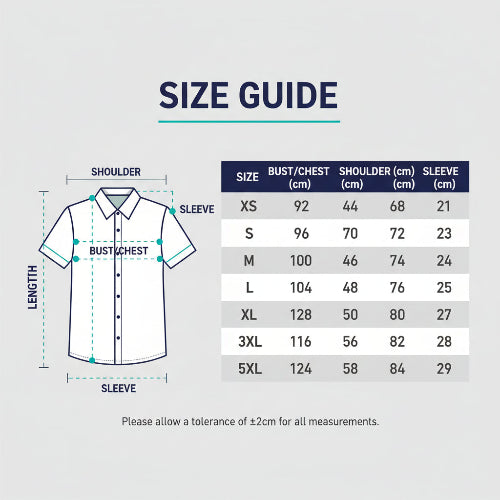 Size measurement chart for a shirt with dimensions and measuring instructions.
