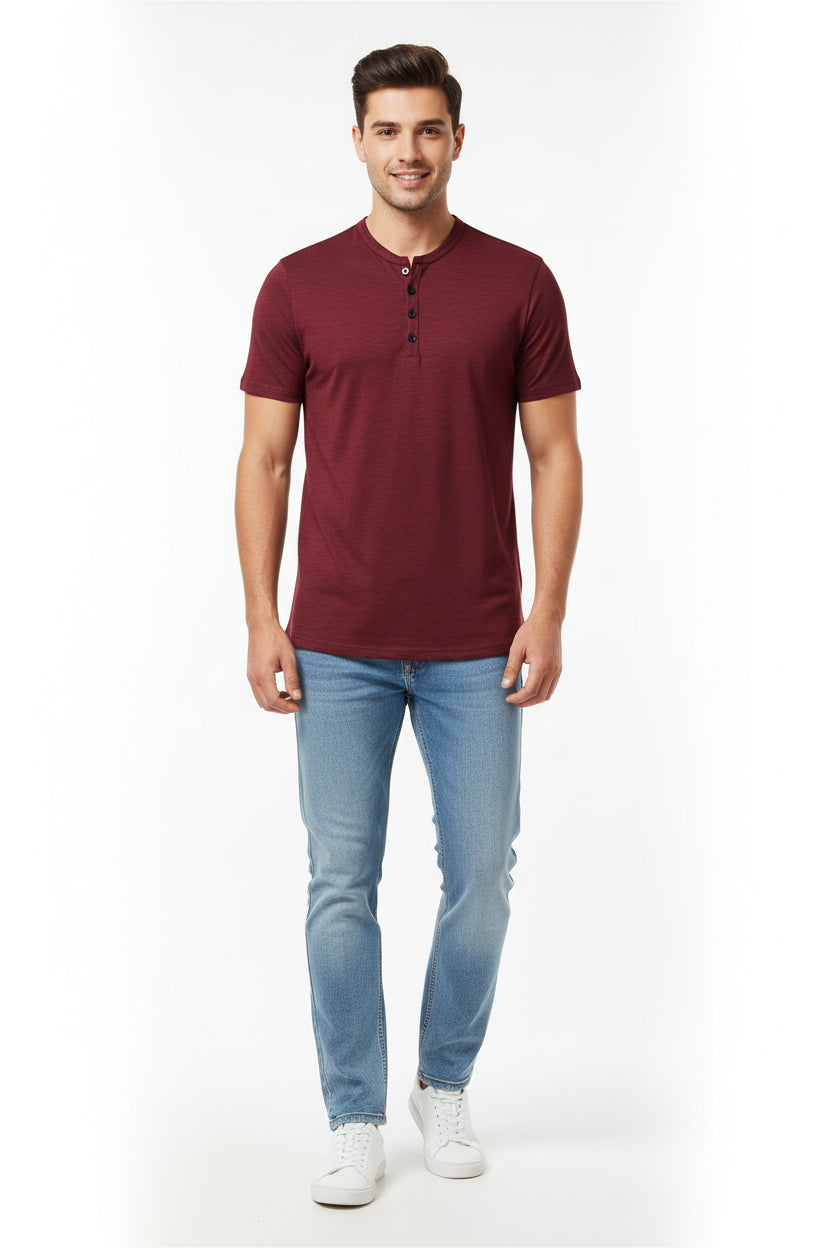Maroon short-sleeve henley shirt on a white background