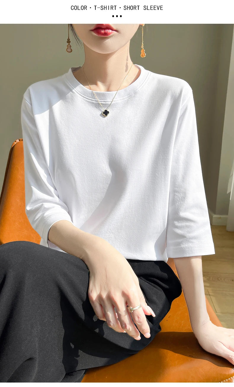 Summer Cotton Short-Sleeved T-Shirt Women's Round Neck Seven-Point Sleeves Loose Mercerized Cotton Half-Sleeve Shirt New T-shirt