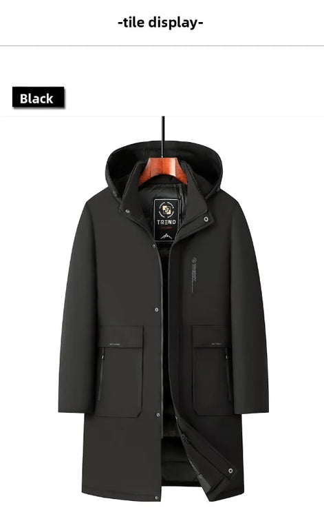 A black hooded winter coat displayed on a hanger against a white background, with a small black label reading 'Black' at the upper left. The coat has a hood, front 