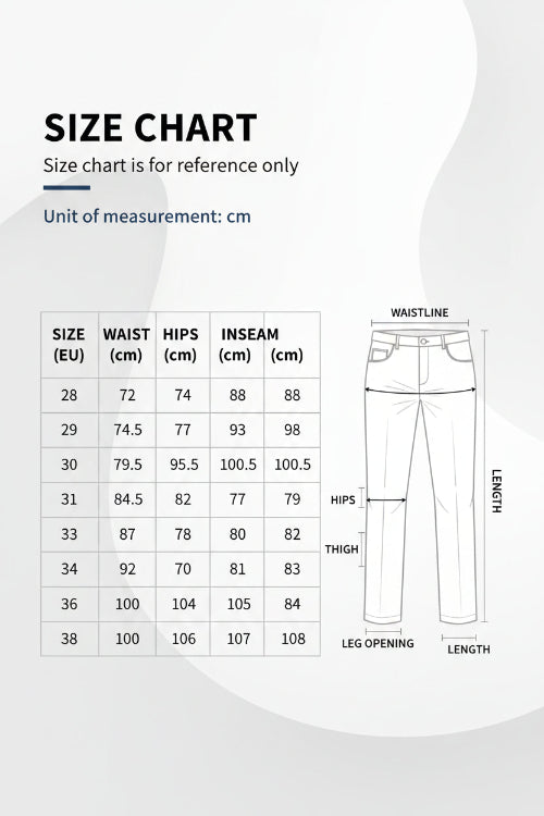 Size chart for clothing measurements in centimeters
