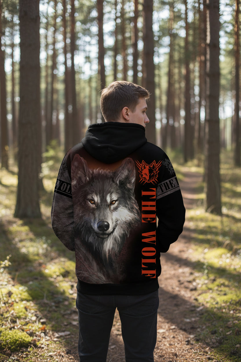 Hoodie with a wolf design and 'The Wolf' text on a white background