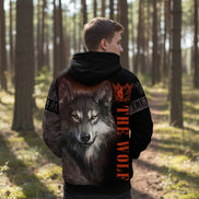 Hoodie with a wolf design and 'The Wolf' text on a white background