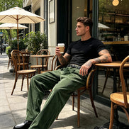 A man sitting on a wooden chair outside a cafe, wearing a black t-shirt, olive green corduroy pants, and black-and-white loafers while holding a coffee cup.
