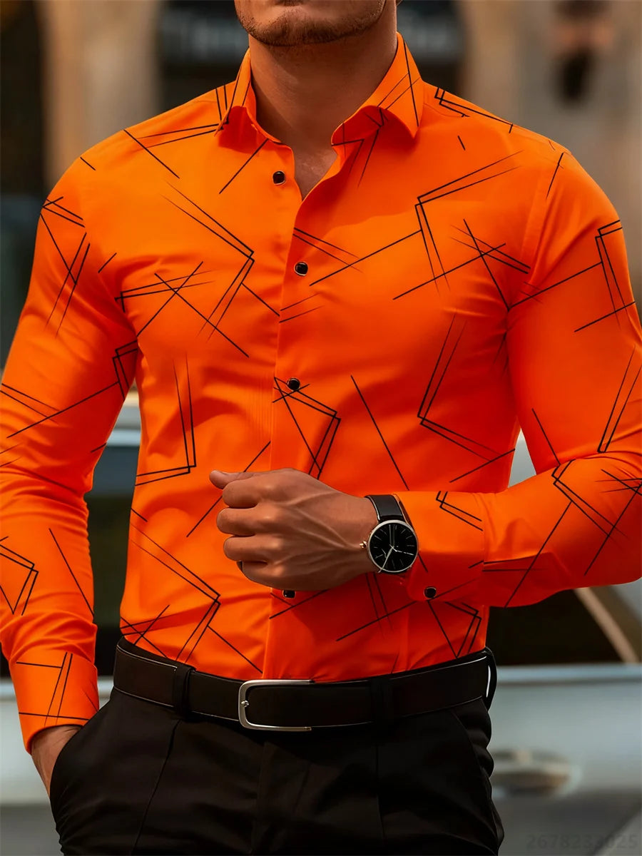 Men's Slim Fit Long-Sleeved Geometric Line Print Shirt - Non-Iron