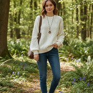 Person wearing a white cable knit sweater with a brown bag and blue jeans.