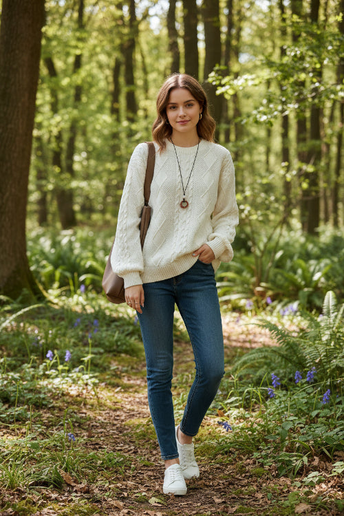 Person wearing a white cable knit sweater with a brown bag and blue jeans.