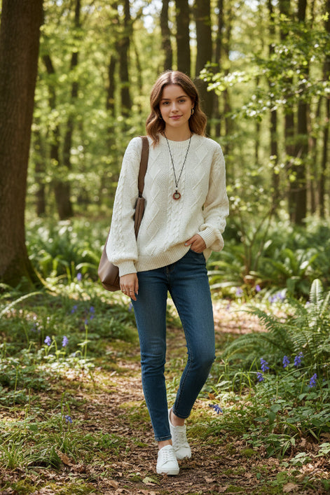 Person wearing a white cable knit sweater with a brown bag and blue jeans.