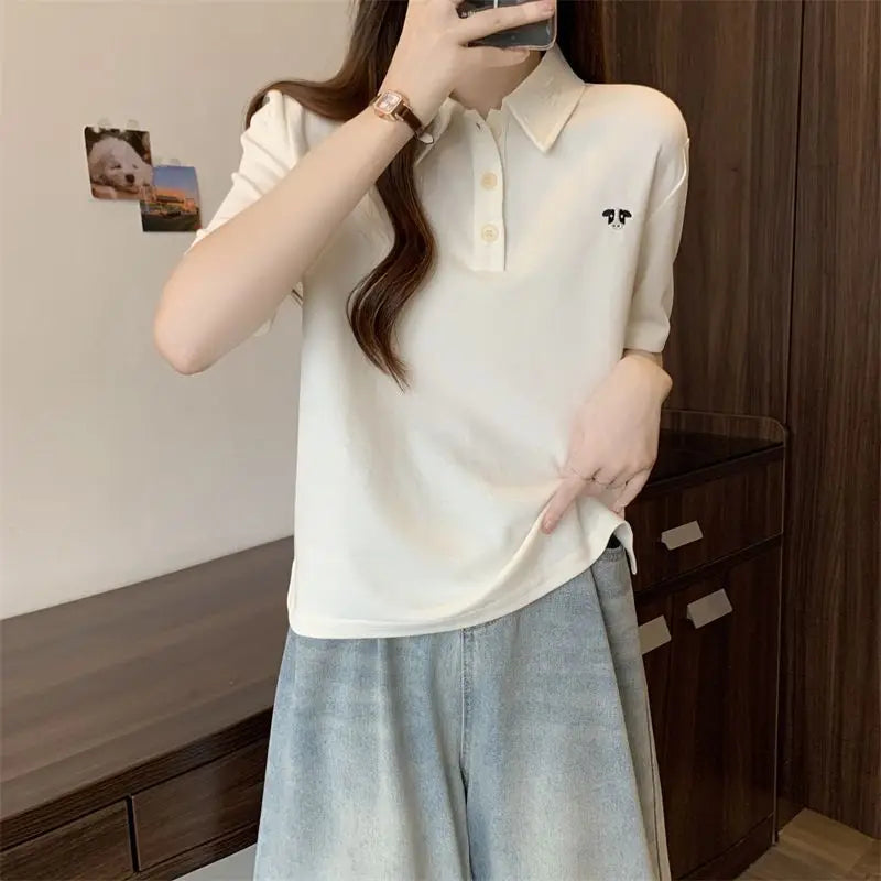 Pink Woman 100℅ Cotton Tshirt Embroidery Polo Neck T Shirt for Women Korean Clothing Y2k Fashion High Quality Youthful Elegant