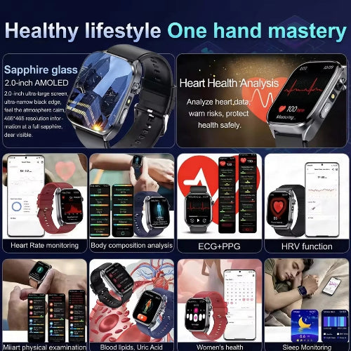 Smartwatch with various health monitoring features and app interfaces on a blue background.
